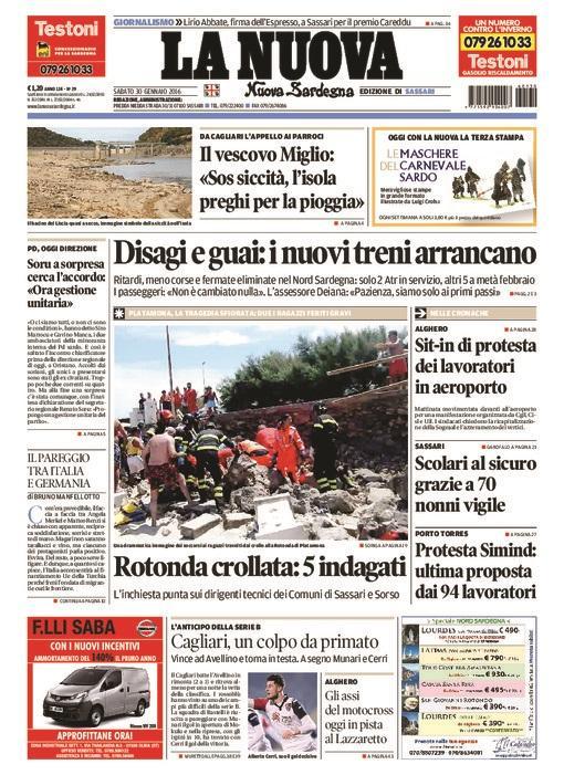 La Nuova Sardegna - Prima pagina - 30 gennaio 2016