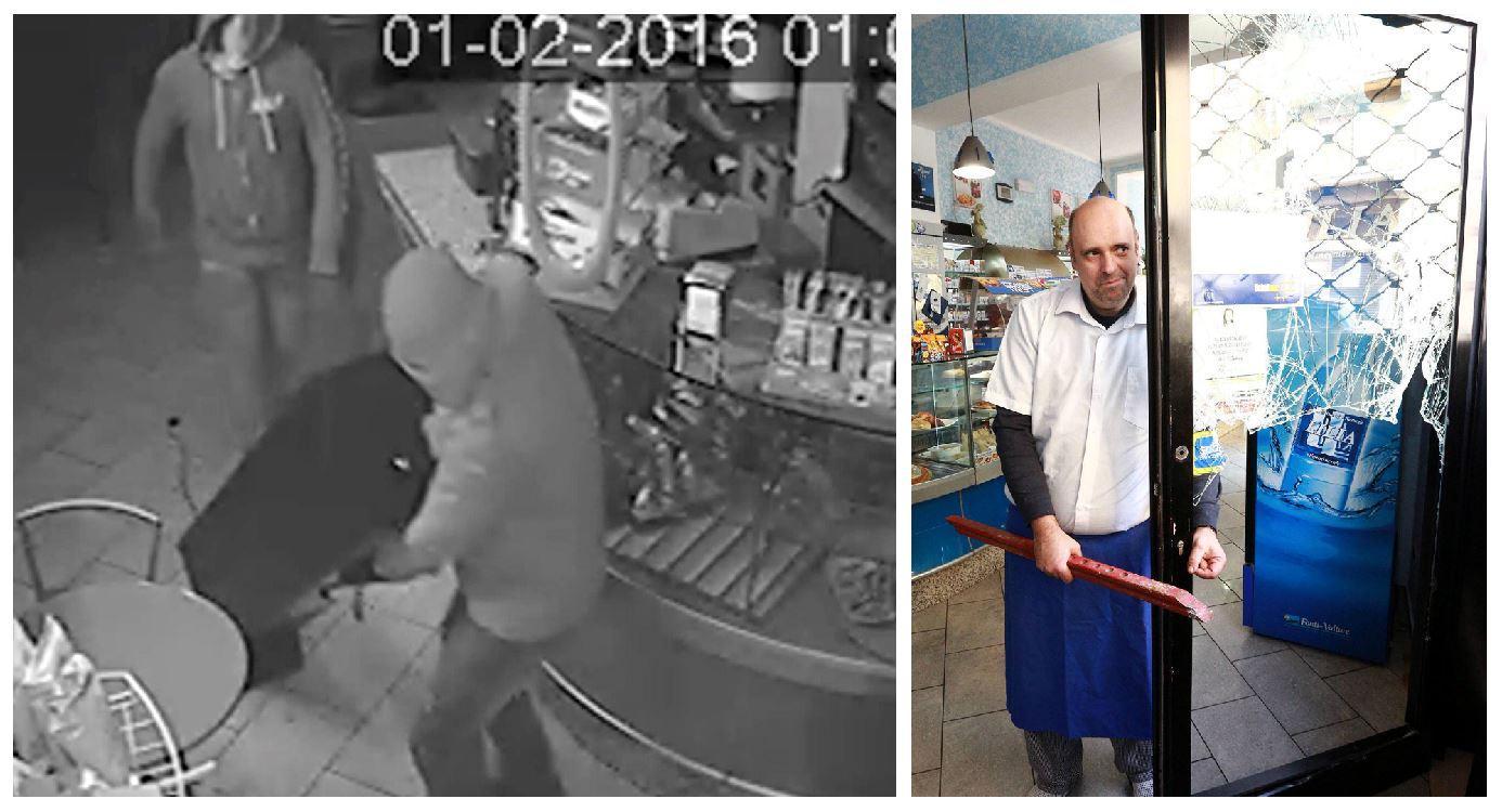 I ladri in azione dentro al bar e a destra il titolare Aleandro Pupilli (Foto Agenzia Carlo Sestini)