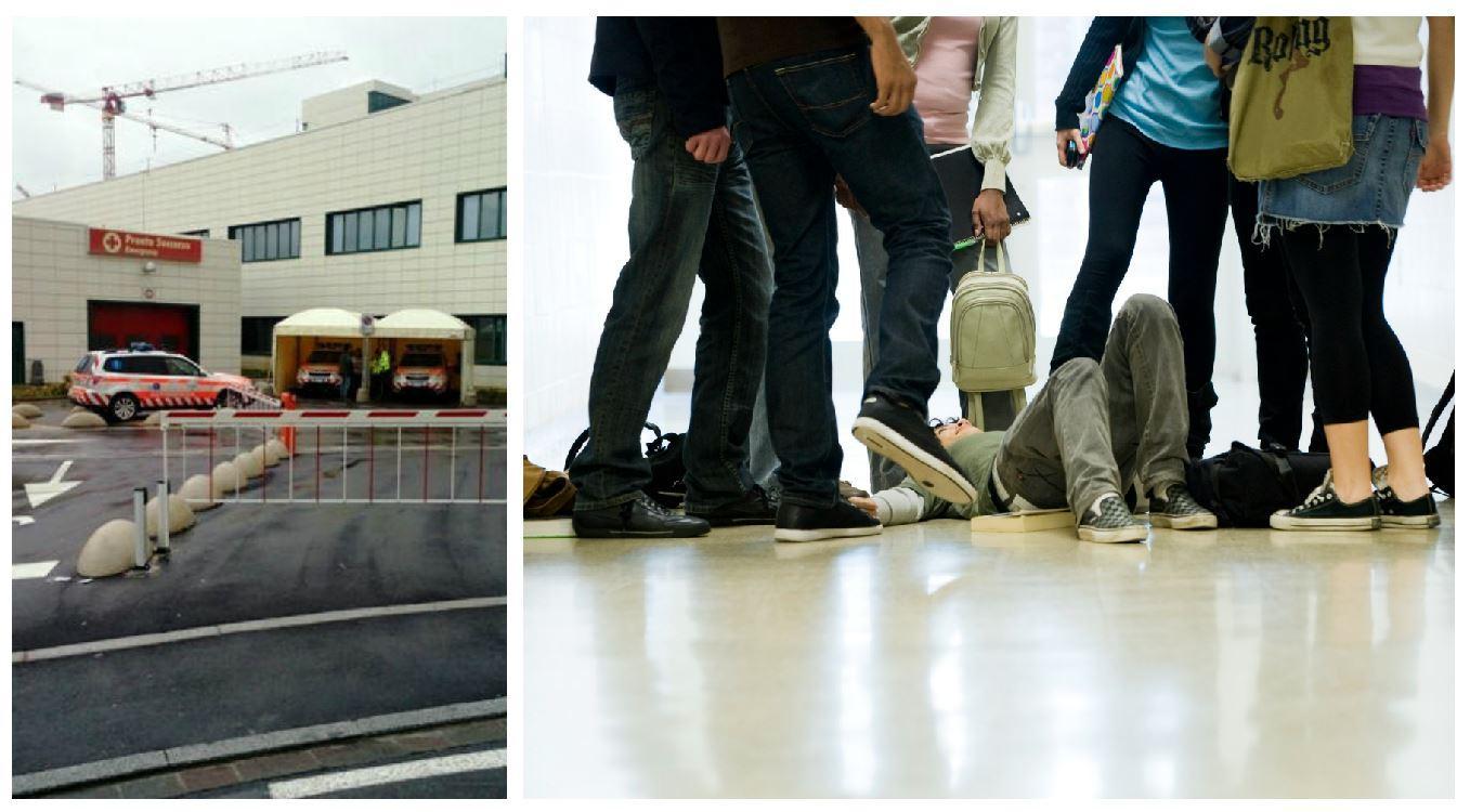 Il pronto soccorso di Empoli e a destra una ricostruzione fotografica di un bambino a terra dopo essere stato colpito 