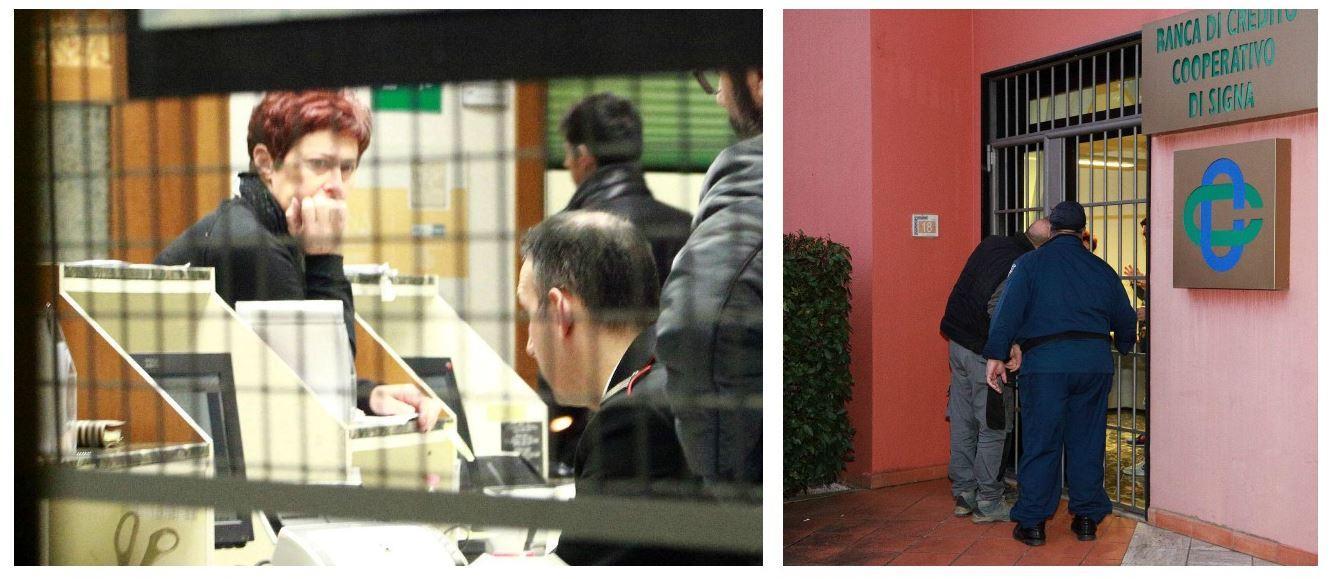 I carabinieri all'interno della banca con i dipendenti e a destra i rilievi (Foto Agenzia Carlo Sestini)