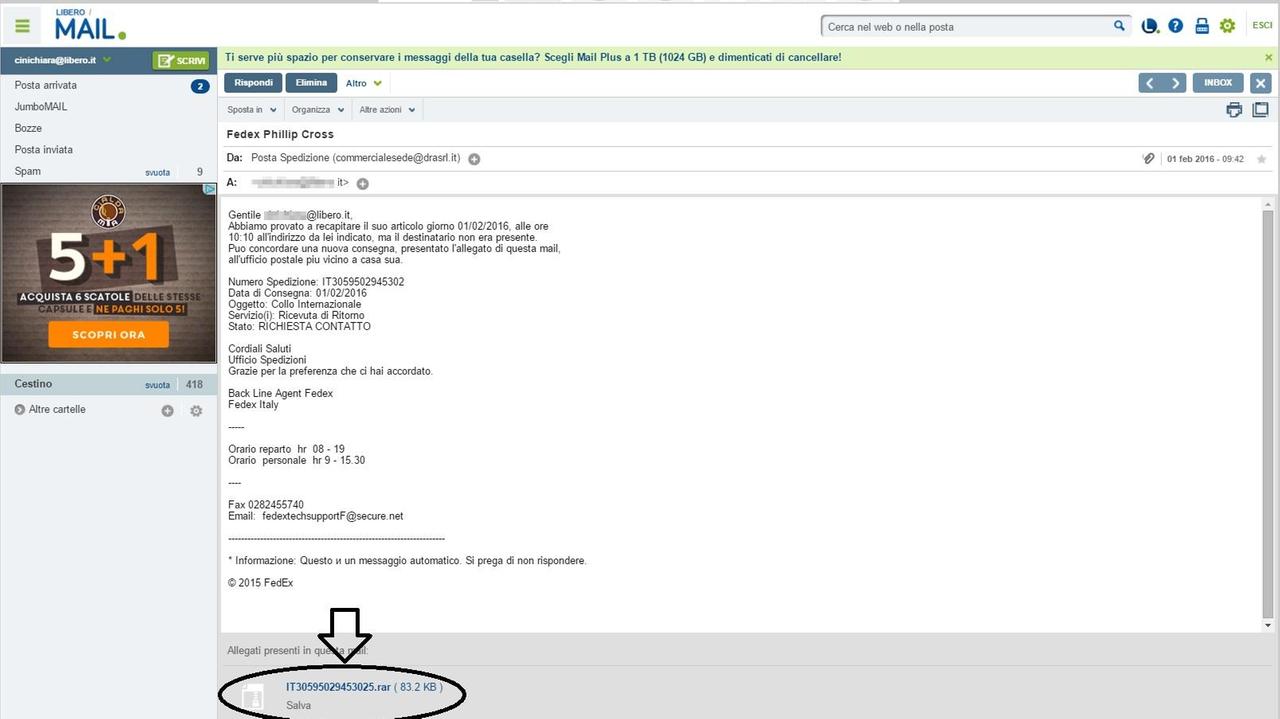 La falsa email con il virus
