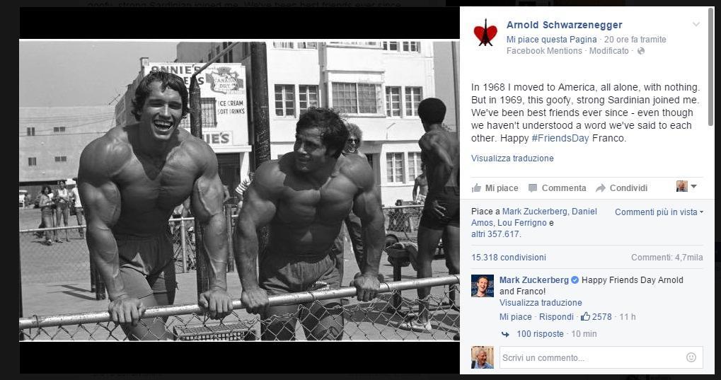Il post su Facebook di Arnold Schwarzenegger per il Friends Day