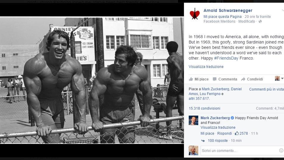Il post su Facebook di Arnold Schwarzenegger per il Friends Day