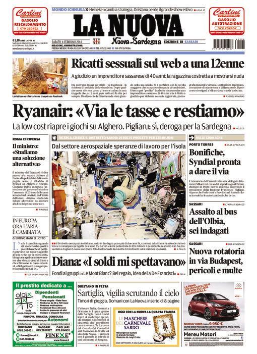La Nuova Sardegna - Prima pagina - 6 febbraio 2016 