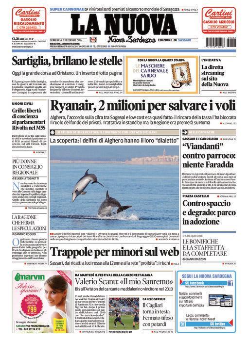 La Nuova Sardegna - Prima pagina - 7 febbraio 2016