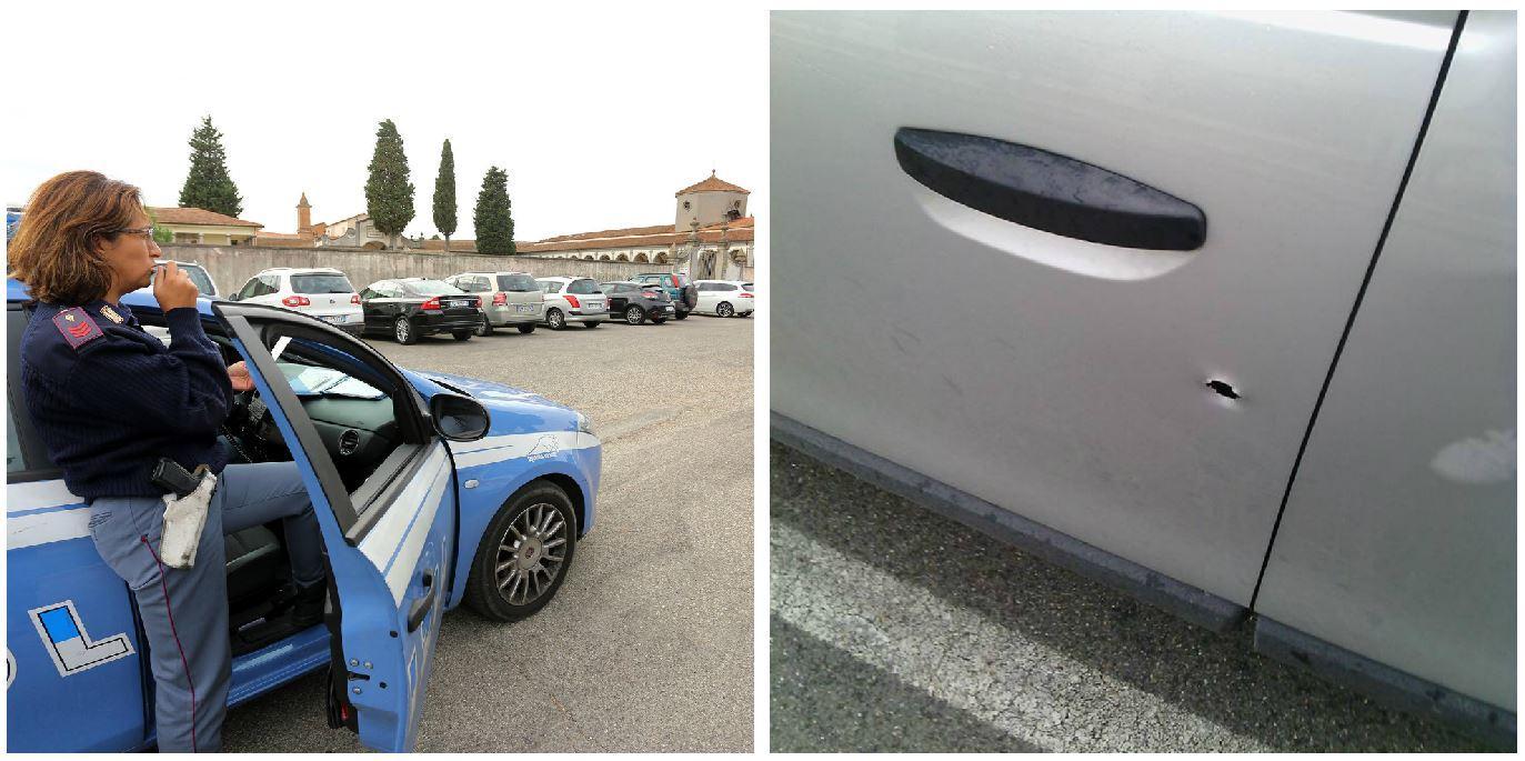 Polizia davanti al cimitero (foto d’archivio) e la serratura dell’auto rotta dai ladri