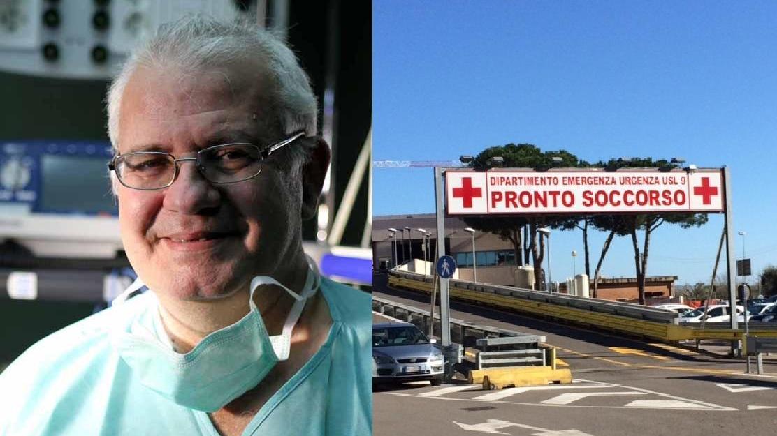 Il neurochirurgo Giuseppe Olivieri dell'ospedale Le Scotte di Siena. A destra il pronto soccorso di Grosseto, i cui medici hanno fatto la diagnosi alla signora
