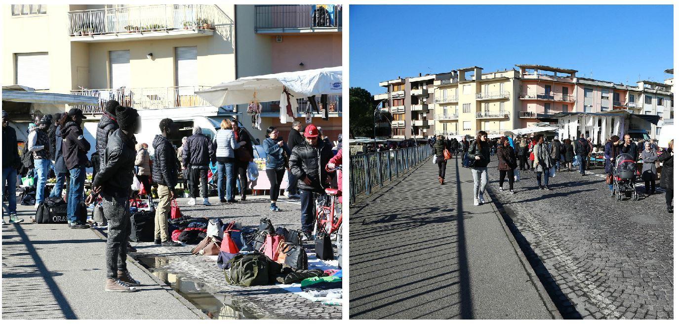 Una zona del mercato "occupato" dai venditori il 4 febbraio e completamente libera giovedì 11 (Foto Agenzia Carlo Sestini)