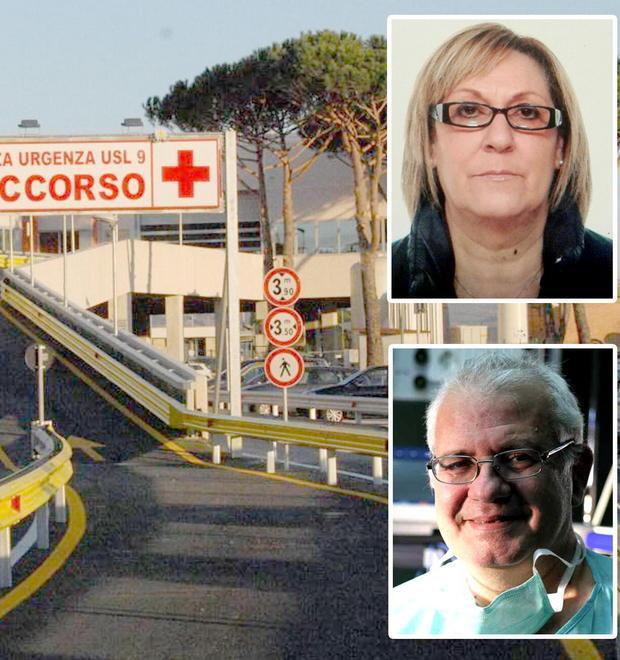 Il pronto soccorso di Grosseto. Nel riquadro in alto la signora Maria Franca Pieri, sotto il neurochirurgo Giuseppe Olivieri, che l'ha operata