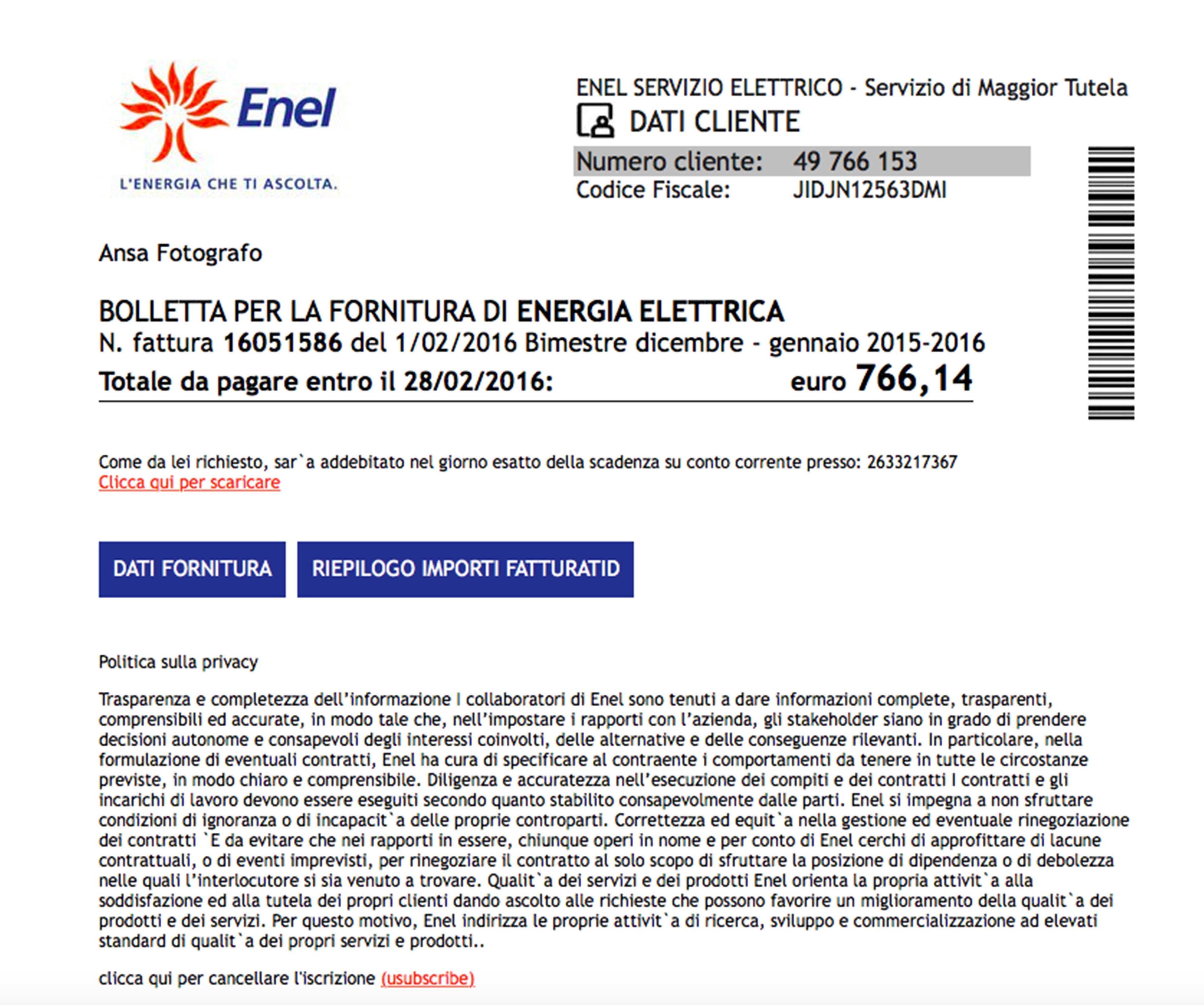 La falsa bolletta dell'Enel che sta girando sul web