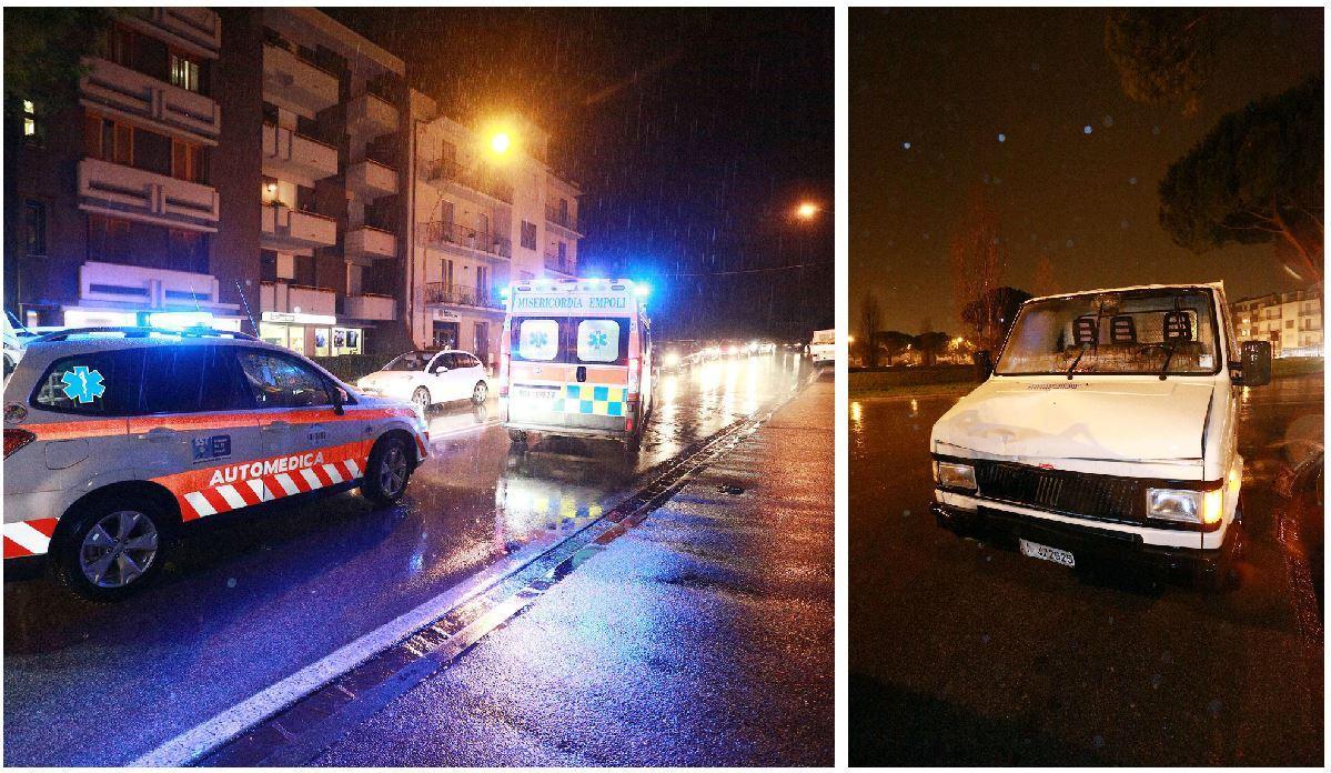 I soccorsi sul luogo dell'incidente e il furgone (Foto Agenzia Carlo Sestini)