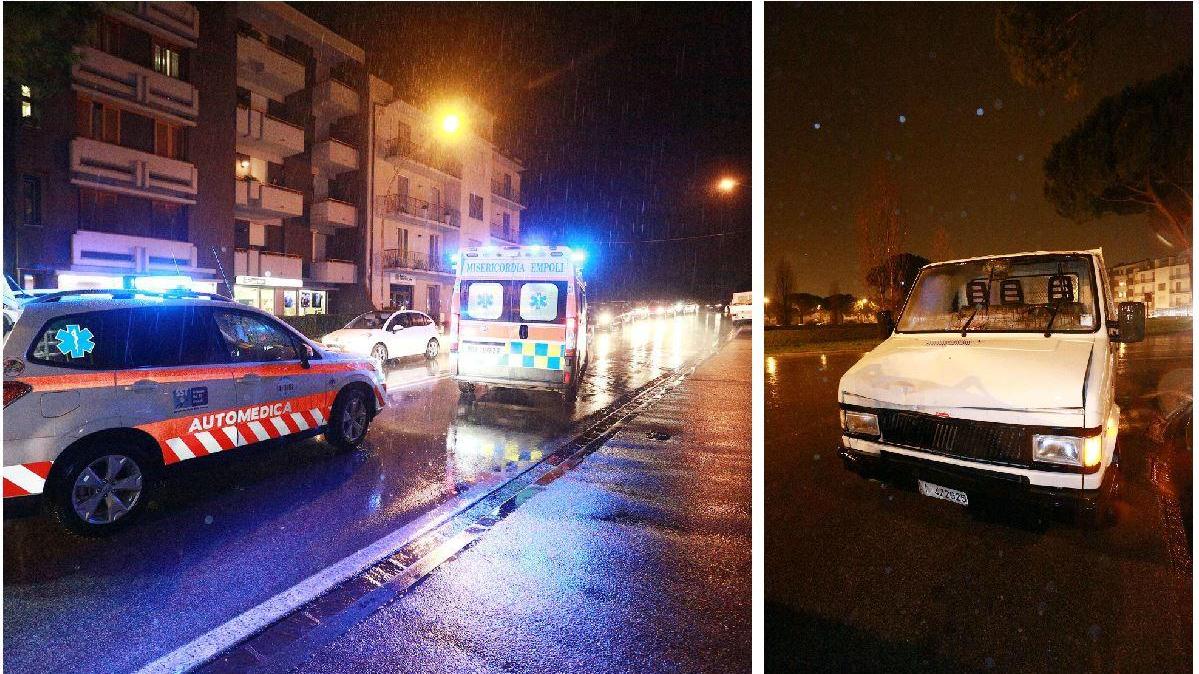 I soccorsi sul luogo dell'incidente e il furgone (Foto Agenzia Carlo Sestini)