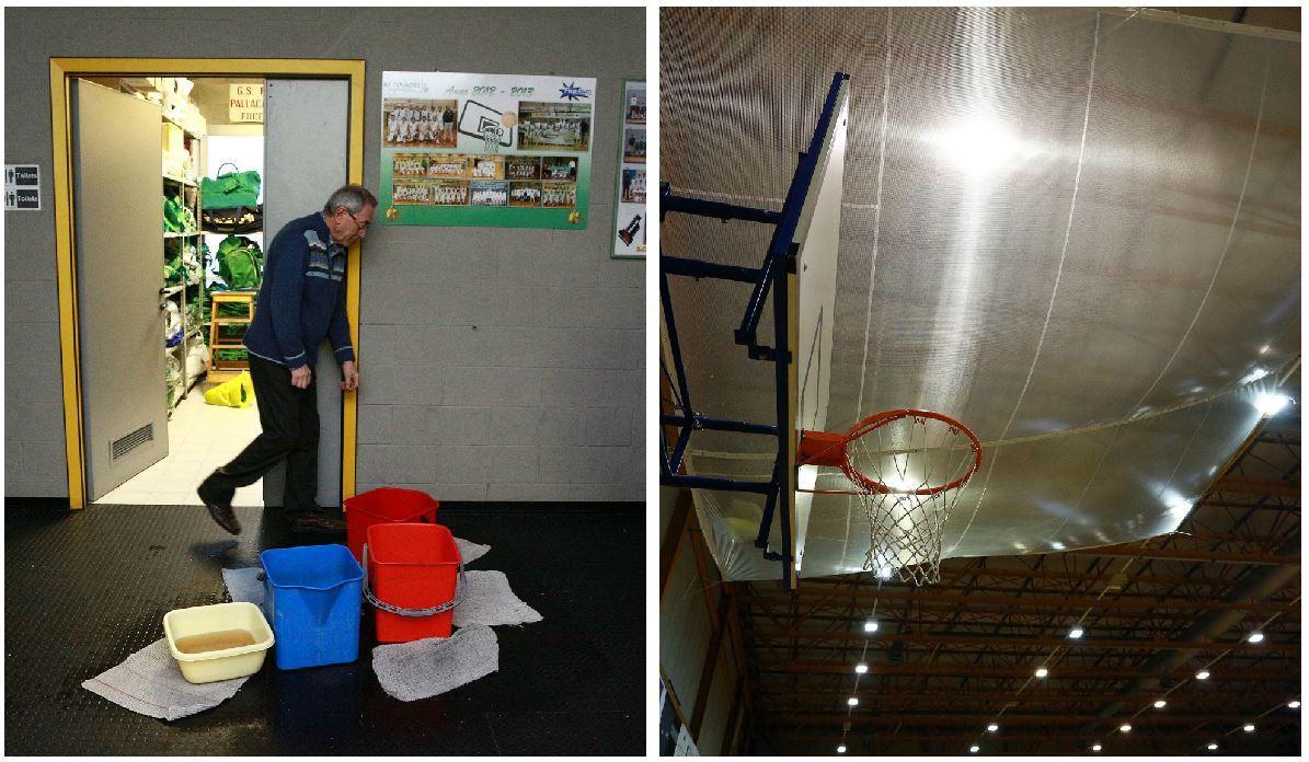 Secchi al palazzetto e il telone per riparare il parquet (Foto Agenzia Carlo Sestini)
