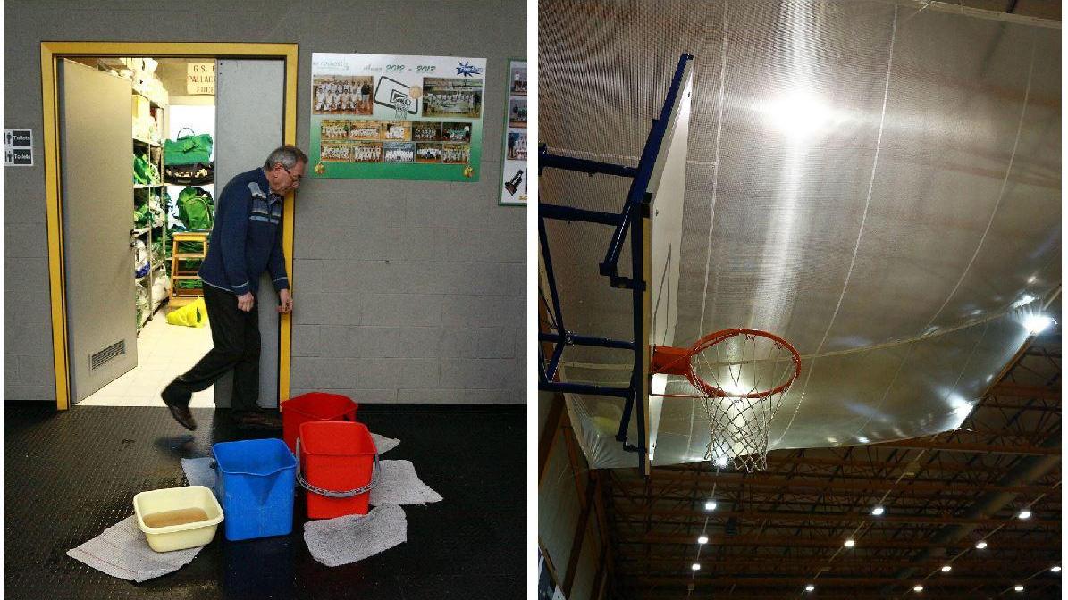 Secchi al palazzetto e il telone per riparare il parquet (Foto Agenzia Carlo Sestini)