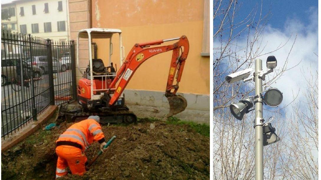 I lavori a Empoli e a destra una delle nuove telecamere a Castelfiorentino