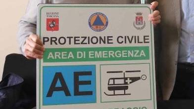 Uno dei cartelli individuati per indicare le aree di emergenza (Marzi Pentafoto)