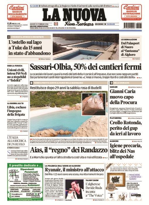 La Nuova Sardegna - Prima pagina - 25 febbraio 2016