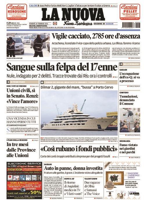 La Nuova Sardegna - Prima pagina - 26 febbraio 2016 