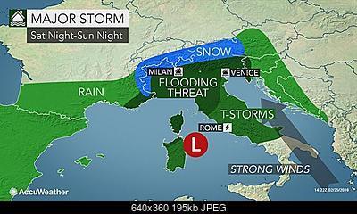 Il peggioramento visto da un sito meteo americano: la Toscana è compresa nel "flooding threat", rischio esondazioni