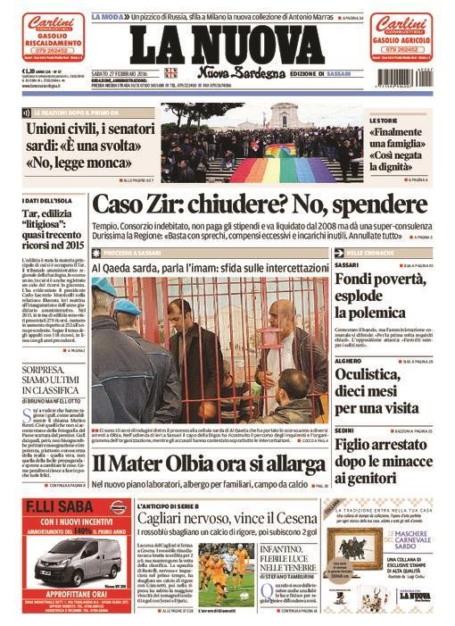 La Nuova Sardegna - Prima pagina - 27 febbraio 2016