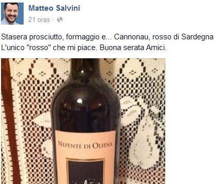 Salvini beve vino sardo: «Mi piace solo il cannonau» 