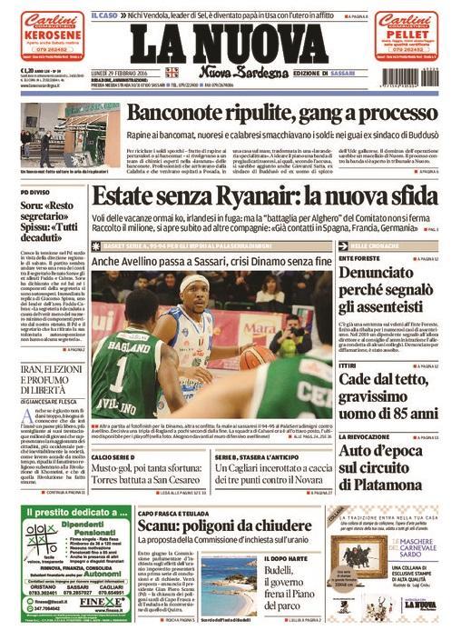 La Nuova Sardegna - Prima pagina - 29 febbraio 2016