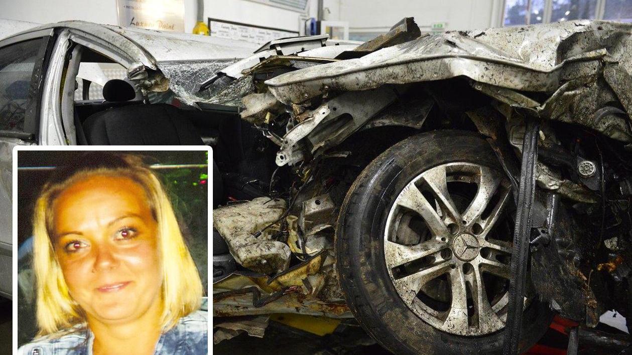 La macchina distrutta nell'incidente e nel riquadro Marcela Florentina Sandu