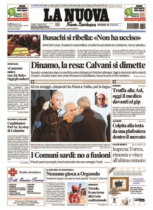 La Nuova Sardegna - Prima pagina - 7 marzo 2016