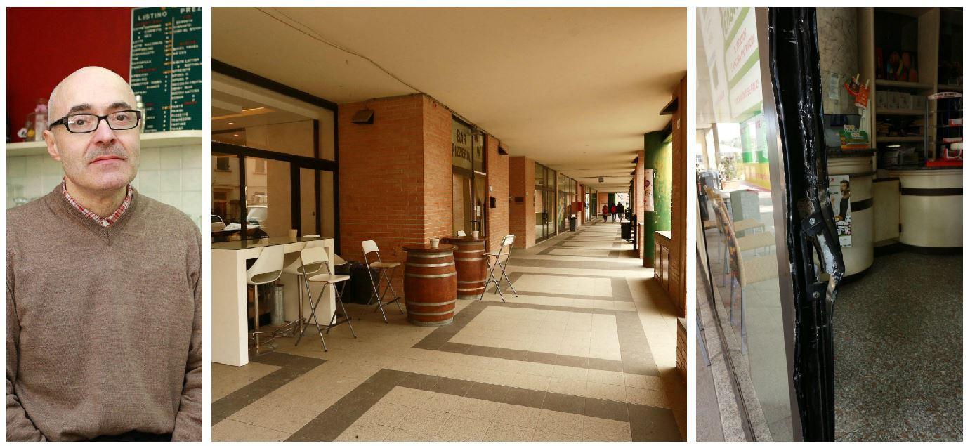 Da sinistra Sauro Pettinari, il loggiato di viale Duca D'Aosta e la porta del bar spaccata dai ladri (Foto Agenzia Carlo Sestini)