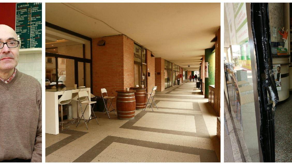 Da sinistra Sauro Pettinari, il loggiato di viale Duca D'Aosta e la porta del bar spaccata dai ladri (Foto Agenzia Carlo Sestini)