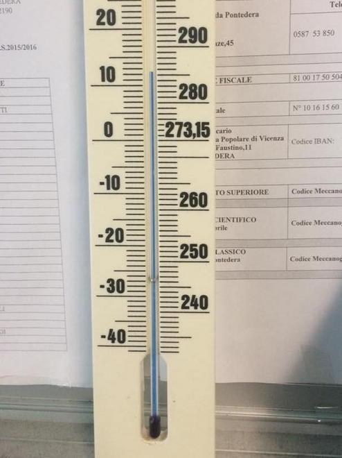 Foto del termometro su Facebook Solo 11 gradi in una classe del liceo