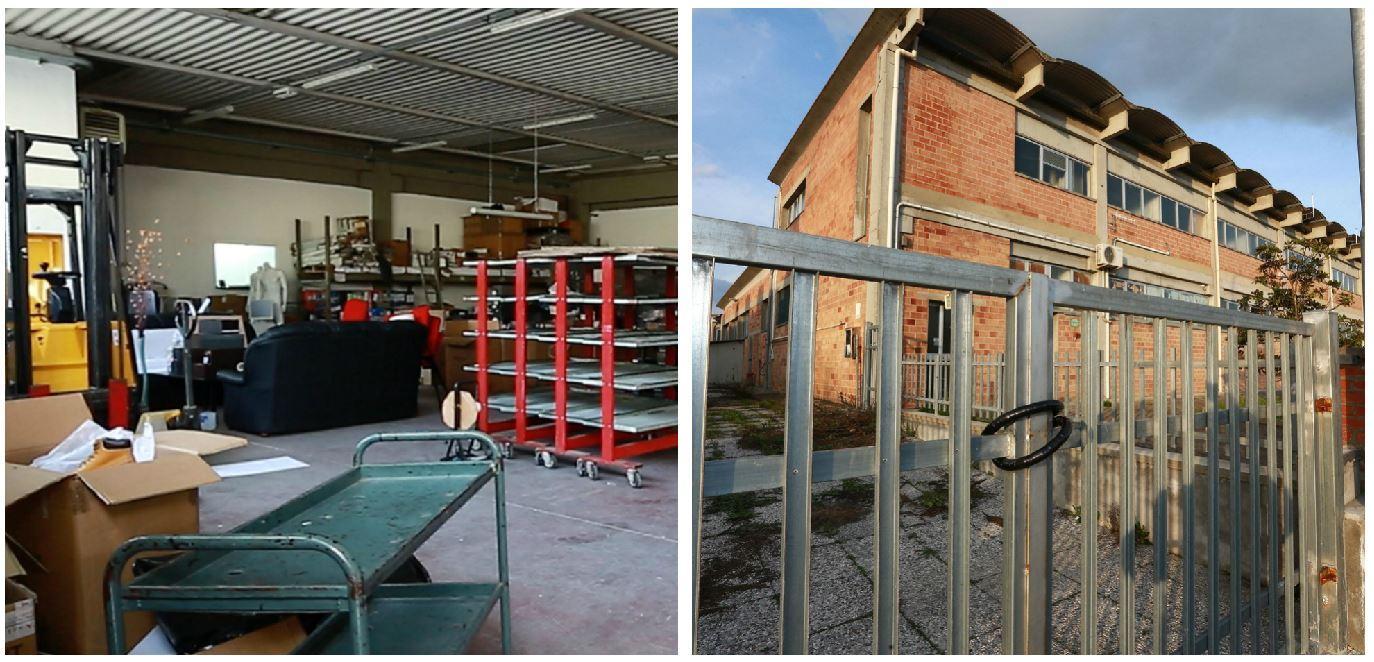 L'interno e l'esterno del magazzino ripulito dai ladri (Foto Agenzia Carlo Sestini)