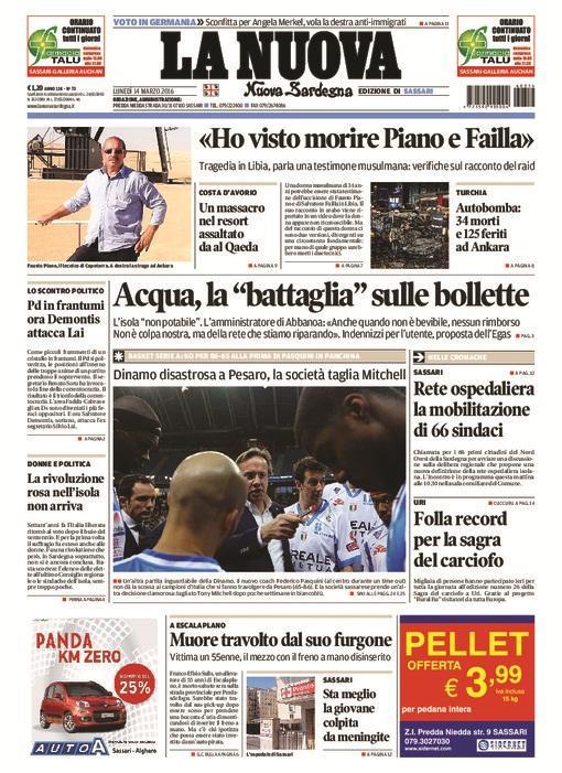 La Nuova Sardegna - Prima pagina - 14 marzo 2016
