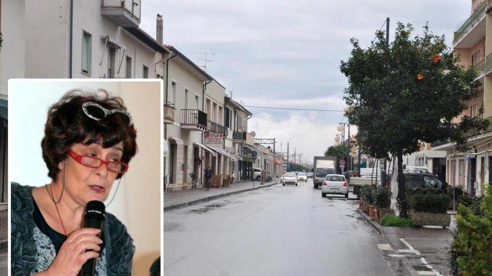 Uno scorcio della via Aurelia di Rosignano Solvay e, nel riquadro, Lucia Croce