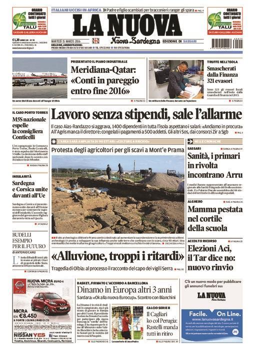 La Nuova Sardegna - Prima pagina - 15 marzo 2016