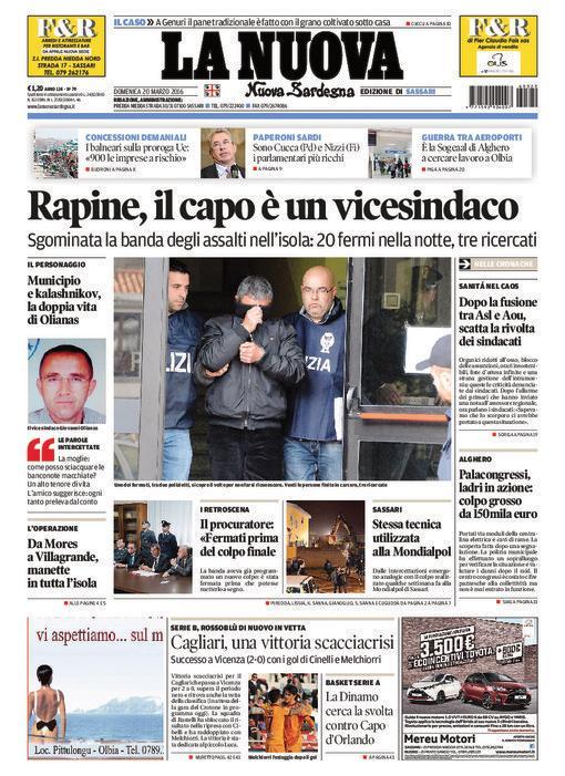 La Nuova Sardegna - Prima pagina - 20 marzo 2016