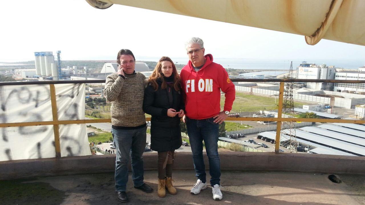 I tre segretari dei metalmeccanici, Daniela Piras della Uil, Rino Barca della Cisl e Roberto Forresu della Cgil