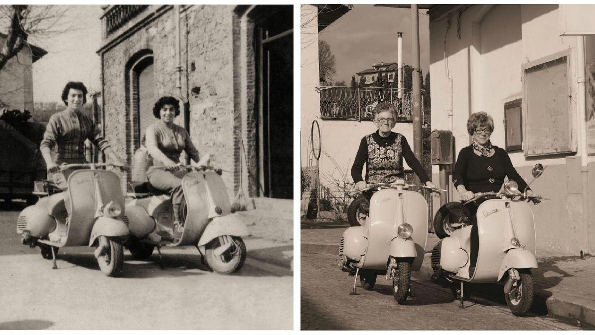 Fiorella e Rosita nella foto scattata nel 1955, a destra le due sorelle tornano in sella alla Vespa nel 2016