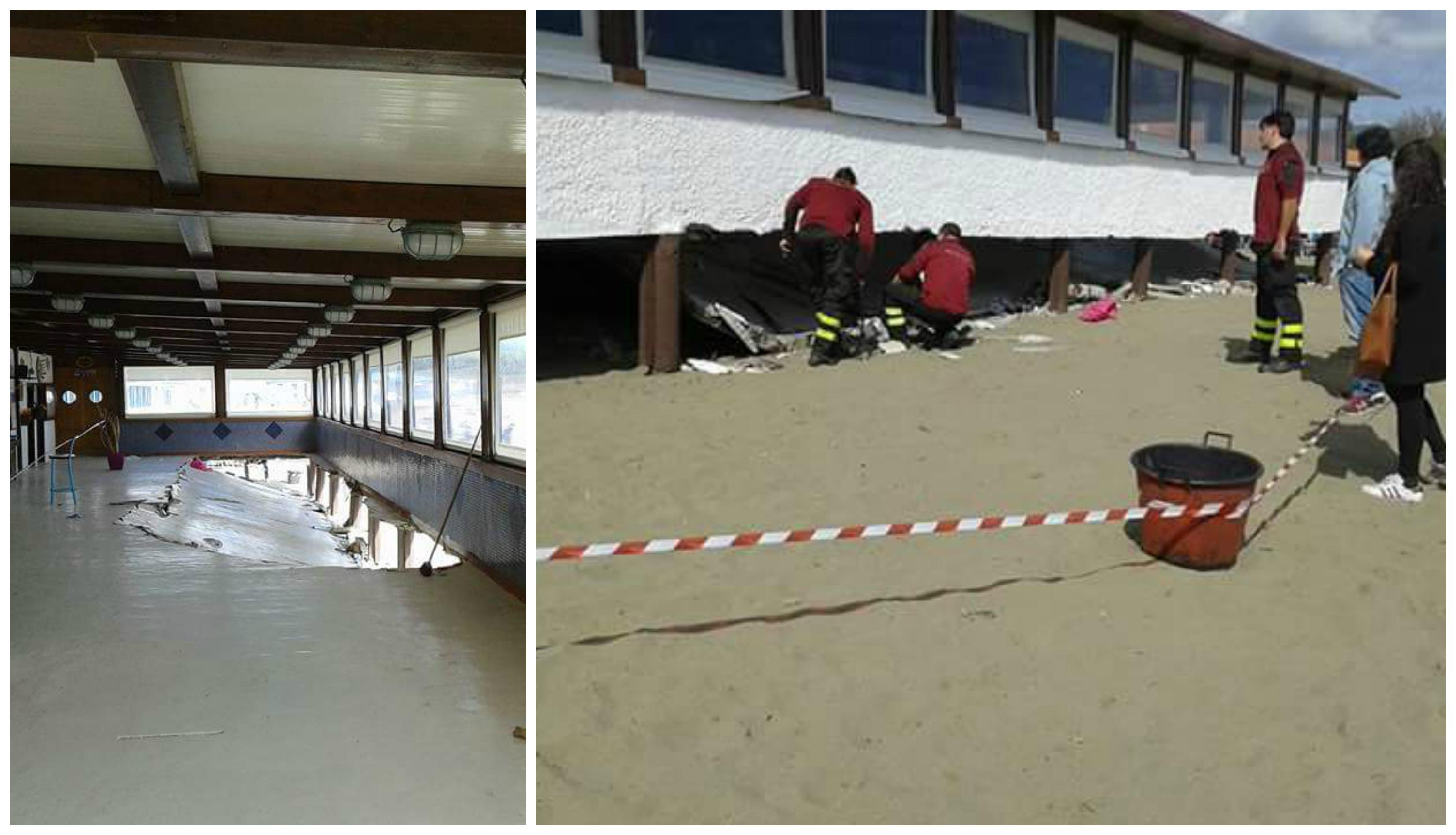 Il pavimento crollato del ristorante e l'intervento sul locale che si affaccia sulla spiaggia