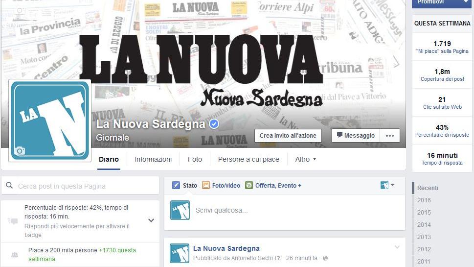 Boom social per la Nuova Sardegna: 200mila amici su Facebook