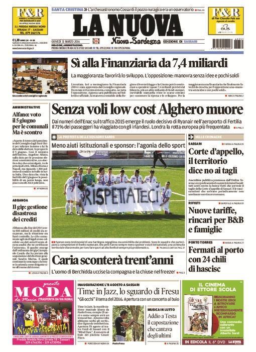 La Nuova Sardegna - Prima pagina - 31 marzo 2016