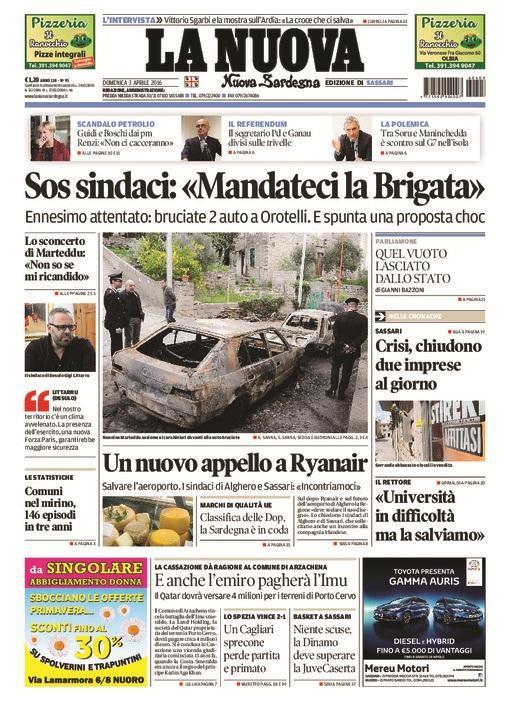 La Nuova Sardegna - Prima pagina - 3 aprile 2016
