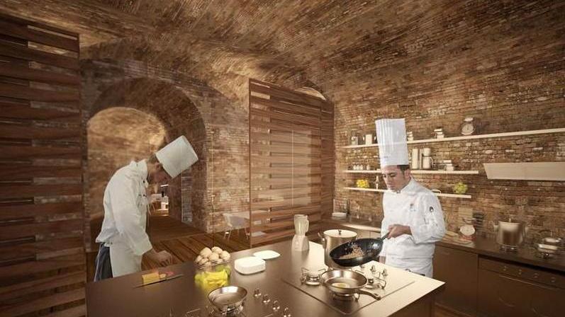 Il rendering di una cucina allestita nei sotterranei delle Mura medicee per il progetto "Riabitare il patrimonio"
