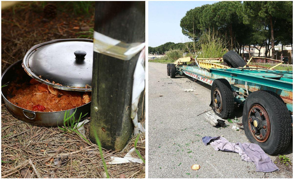 Resti di cibo cucinato nel giardino accanto al parcheggio e un rimorchio abbandonato (Foto Agenzia Carlo Sestini)