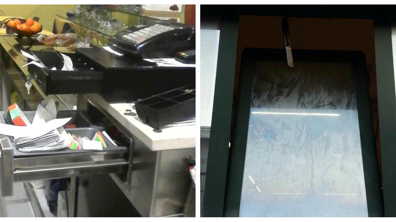 A sinistra il registratore di cassa del bar di Calcinaia e a destra la finestra della palestra di Fornacette