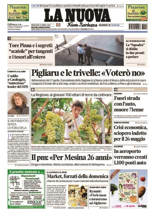 La Nuova Sardegna - prima pagina - 13 aprile 2016