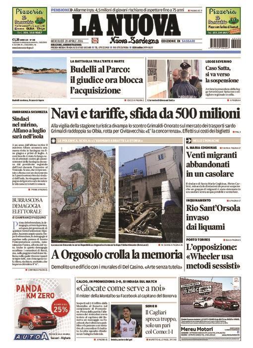 La Nuova Sardegna - prima pagina - 20 aprile 2016