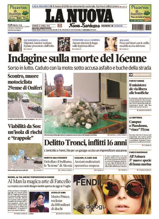 La Nuova Sardegna - Prima pagina - 22 aprile 2016 