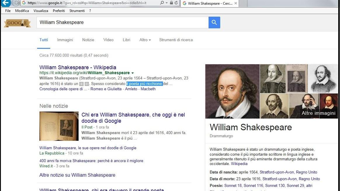 La pagina dei risultati di ricerca di Google dove, il 23 aprile 2016, Wikipedia definisce Shakespeare "il poeta più ricchione"