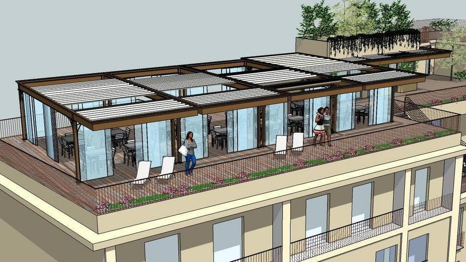Un rendering della terrazza panoramica in fase di realizzazione al Grand Hotel Duomo
